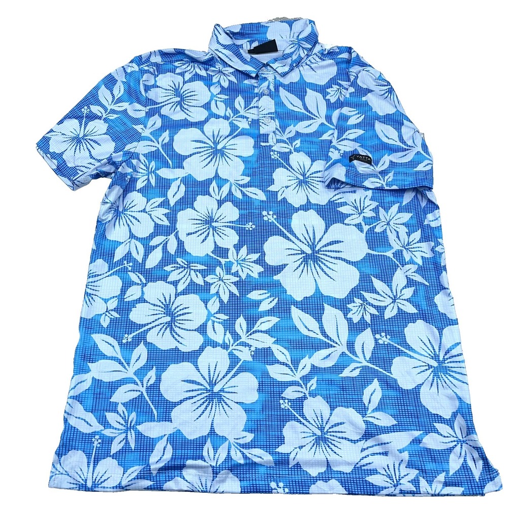 Yatta Golf Polo Shirt Men Medium Blue Floral Print Performance Wicking‎ Dry *